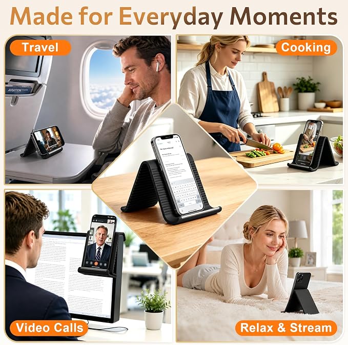 Flexible Silicone Phone Stand with Aluminum Core, Foldable Silicone Phone Holder for Cell Phones, Tablets & Small Devices, Adjustable Desktop & Airplane Phone Holder for Travel, Office & Home (Black) - Image 7