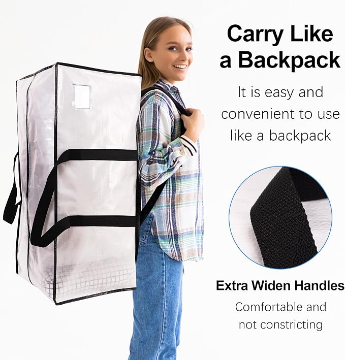 VELVETSURE 6 Pack Heavy Duty Large Moving Bags W/Backpack Straps - Strong Handles & Zippers, Storage Totes, Fold Flat, Alternative to Moving Box and Storage Bin, Semi-Transparent+Blue+Black - Image 4