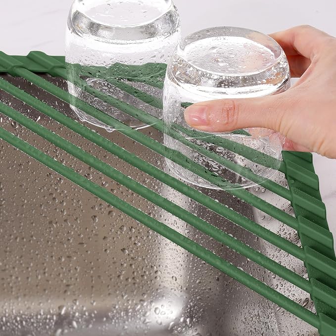 Tomorotec Roll Up Dish Drying Rack with Silicone Coating, Army Green | 304 Stainless Steel with BPA-Free Silicone, Triangle Design Maximizes Sink Corner Space, Fits Compact Kitchens And RVs - Image 8