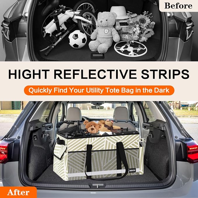 Extra Large Utility Tote Bag with Reflective Strip, Standing Reusable Grocery Bags with Hard Bottom, Collapsible Utility Tote with Handles for Shopping, Beach, Picnics, Car, Striped Gray - Image 7