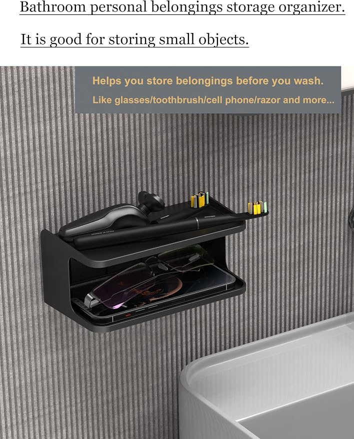 Bedside Wall Shelf Organizer, Small Bedside Shelf, (Black) | Wall Mount for Bed, Stick on Wall Shelf, Double Tray Holder for Storing Cellphone, Glasses, Keys, Camera , Alarm Clock - Image 4