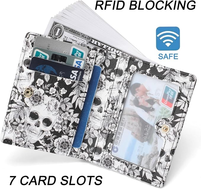 Small Women Wallet RFID Blocking Bifold Pocket Wallet Slim Compact Ladies Purse Mini Wallets For Women (Skull) - Image 3