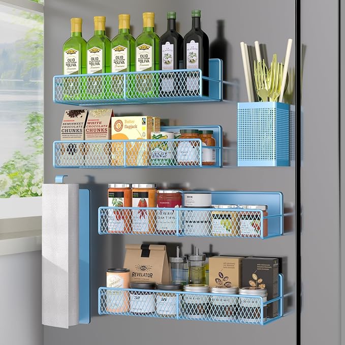 Magnetic Spice Rack for Refrigerator, 6 Pack Metal Magnetic Shelf Blue, Moveable Spice Organizer, Strong Magnetic Storage Fridge Organizer with Paper Towel Holder, Utensils Holder by DTUQYX