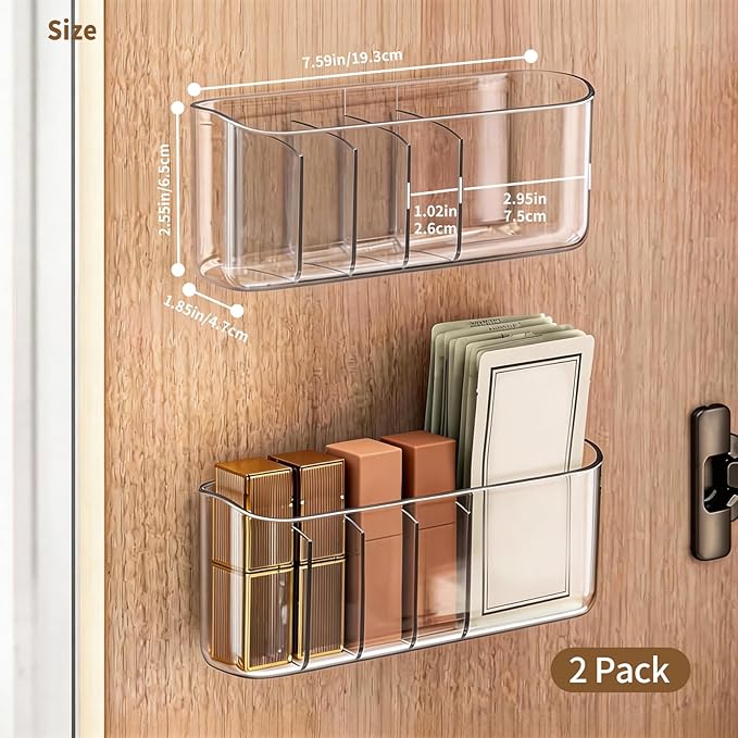 PAVSTINE 2 Pack Adhesive Medicine Cabinet Organizer, Clear Wall Mounted Makeup Storage Shelves for Bathroom Vanity, No Drilling Narrow Organizers for Door Cabinet, 5 Compartment - Image 2