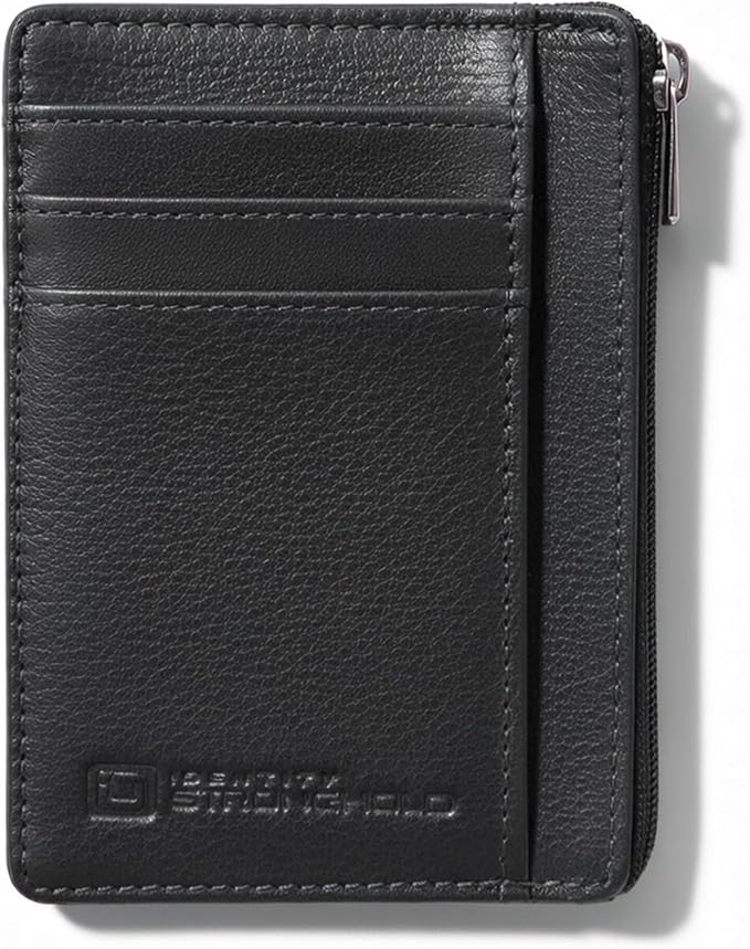 ID Stronghold RFID Front Pocket Wallet Mini Minimalist Wallet Slim Wallet Genuine Leather with Zipper, Small Black by IDStronghold