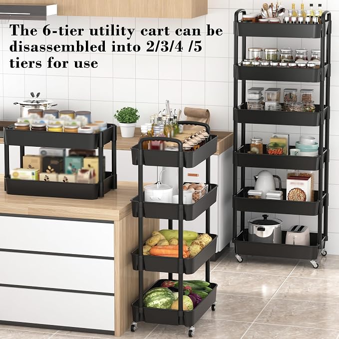 Sywhitta 6-Tier Plastic Rolling Utility Cart with Wheels for Storage,Black | Multi-Functional Storage Trolley, for Office, Living Room, Kitchen, Bathroom,Movable Organizer,Space-Saving,Easy to assemble - Image 2