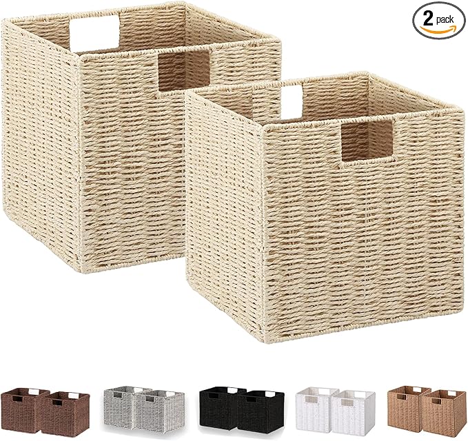 Wicker Storage Basket, Set of 2 Hand-Woven Paper Rope Storage Baskets, Foldable Cube Storage Organizer Bins, 11 Inch Wicker Storage Baskets for Shelves and Decor, Square Storage Basket, Beige by Vagusicc