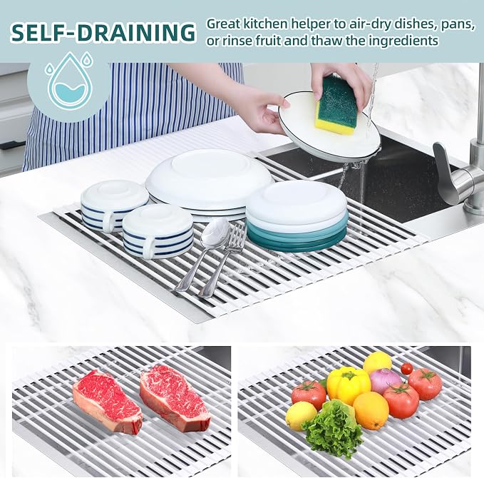 Ohuhu Over Sink Dish Drying Rack, 17.6" W x 15.4" L Roll Up Dish Racks Kitchen Sink Organizer Silicone Wrapped Large in Sink Dish Drying Rack Foldable Rolling Drain Mats Anti-Slip - Image 3