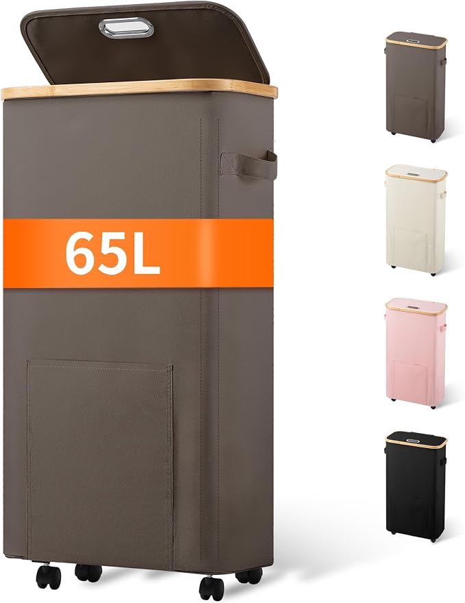 Vincona Laundry Basket with Wheels, Tall Dirty Clothes Hamper on Wheels, Rolling Laundry Hamper with lid for Dorm, Bedroom and Bathroom by Vincona
