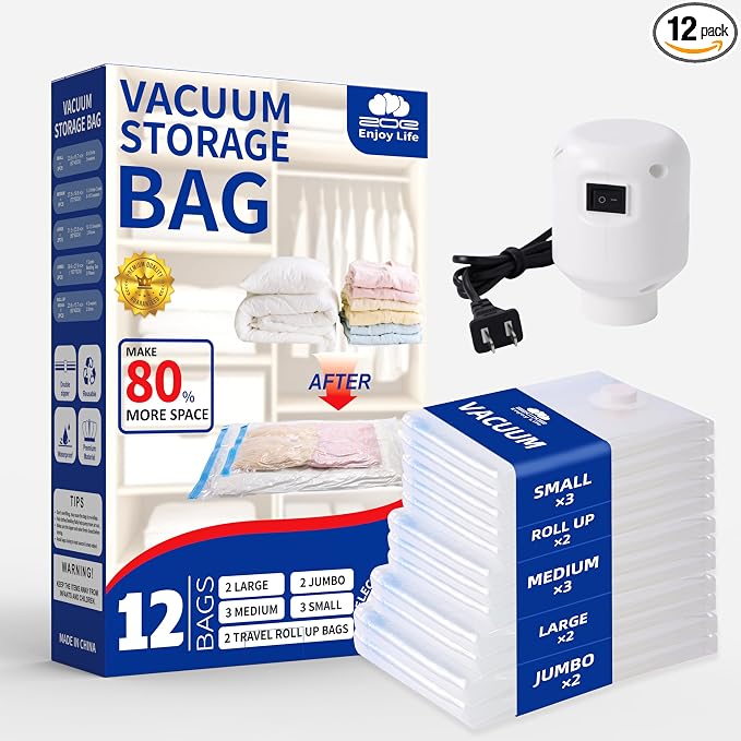 Vacuum Storage Bags for Travel with Electric Pump,12 Pack | Vacuum Seal Bags for Clothes and Travel, Vacuum Bags For Storage saving 80% space, Reusable Compression Solution by ZoeEnjoyLife