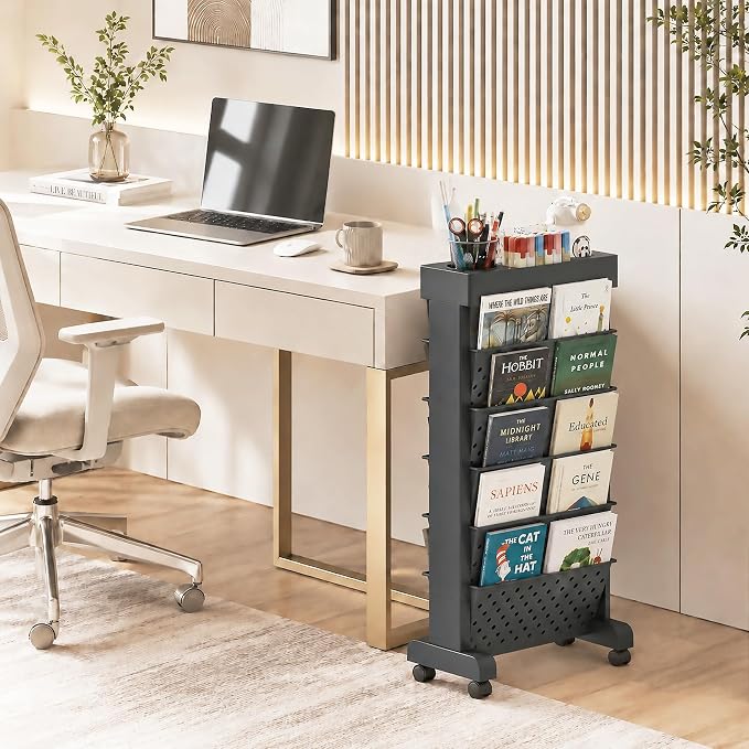 6-Tier Rolling Bookshelf Magazine Rack with Wheels Black | Mobile Bookcase, Book Storage File Folder Organizer Cart for Home Study Office Living Room Classroom - Image 2