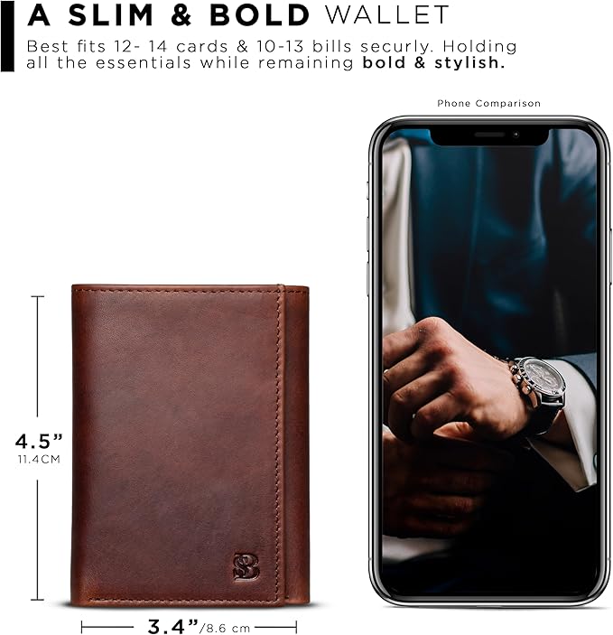 SERMAN BRANDS Trifold Wallet for Men - RFID Blocking Full Grain Leather, 11 Card Slots & ID Window, Slim Everyday Carry, Durable Stitching, Gift for Him - Image 3