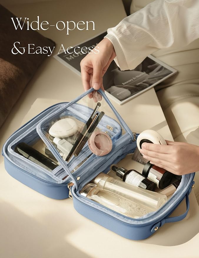 Clear Cosmetic Bag Double Layer Travel Toiletry Bag Clear Makeup Bag Case with 4 Compartments, Transparent Travel Bag for Toiletries, Large Toiletry Bag for Women Cosmetic Case (Dusty Blue, Large) - Image 2