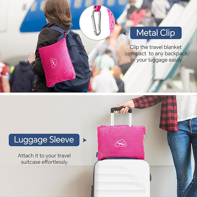 BEDELITE Travel Blanket with Bag, Jacquard Fleece Blanket 65"x40", Hot Pink | Ultra-soft Airplane Blanket, Luggage Sleeve & Backpack Clip, Travel Essentials for Women, Foldable as Pillow for Long Flight - Image 5