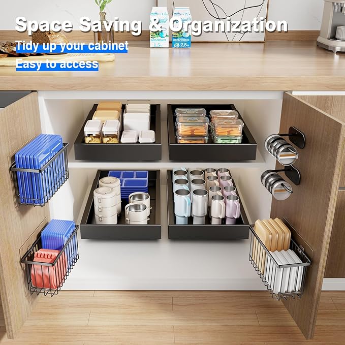 Mustorn 4 Pack Adhesive Cabinet Door Organizer, Lid Organizers Inside Cabinet Food Container/Tumbler Lid Organizer and Storage Cup Lids Holder for Kitchen & Bathroom Wall Mounted(Black) - Image 3