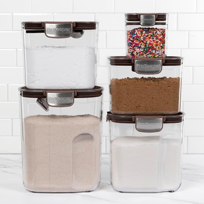 ProKeeper+ Airtight Food Storage Container Set – Clear Plastic Flour and Sugar Canister Set with Magnetic Accessories for Kitchen Organization (Brown, 9-Piece) - Image 3