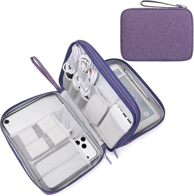 FYY Electronic Organizer, Travel Tech Pouch Bag, Extra Large, Dark Purple | Wrist Strap, Waterproof, Double Layers Electronics Travel Case for iPad, Cord, Laptop Charger, Daily and Business Trips Use by FYY