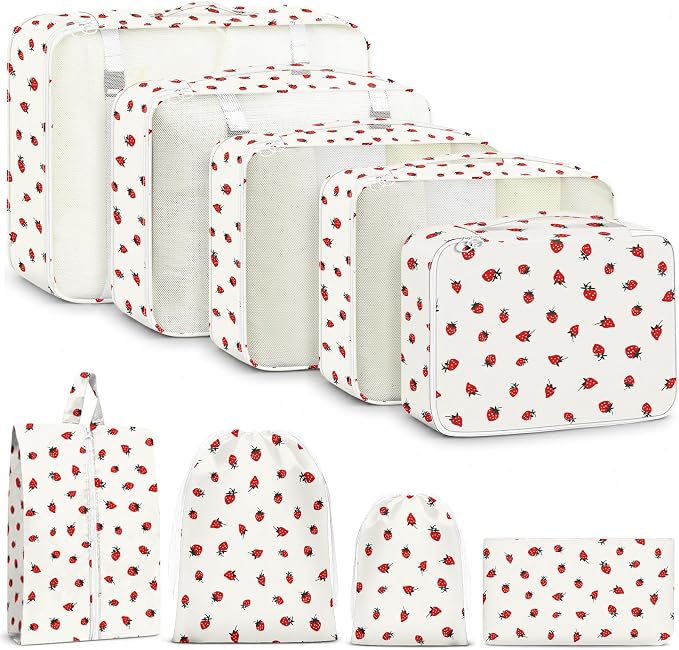 9 Set Packing Cubes for Travel Essentials - Lightweight Carry-On Luggage Organizer Bags with Shoe, Clothes & Laundry Bags for Airplane, Family & Business Travel, Beige strawberry by Unknown