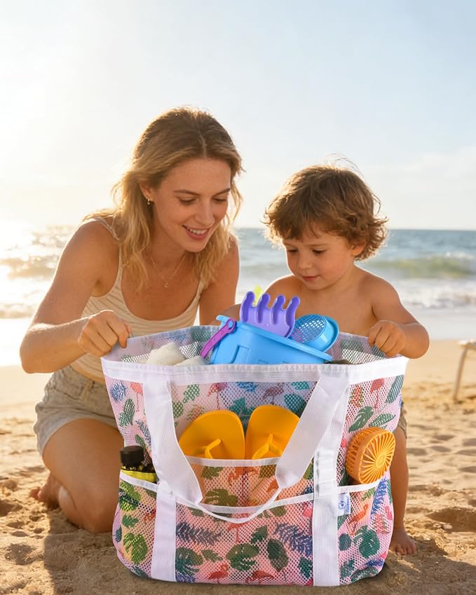 Genteen 40L Mesh Beach Bag, Foldable Sandproof Tote with Waterproof Pocket Quick Dry for Women Family Pool Vacation - Image 3
