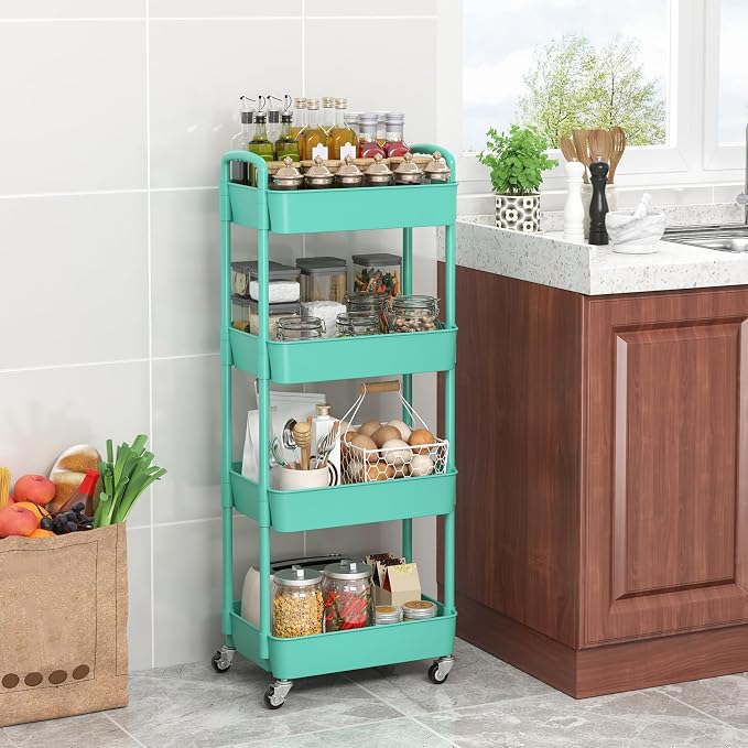 Sywhitta 4-Tier Plastic Rolling Utility Cart with Wheels for Storage,Green | Multi-Functional Storage Trolley, for Office, Living Room, Kitchen, Bathroom,Movable Organizer,Space-Saving,Easy to assemble - Image 3