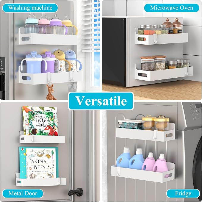 2 Pack Magnetic Spice Rack for Refrigerator White | Magnetic Cup Holder for Fridge, Magnetic Fridge Shelf with Hooks, Kids Sippy Cup Holder Kitchen - Image 7