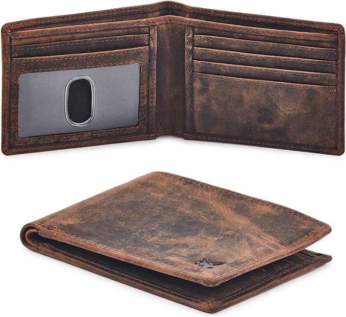 Real Leather Mens Bifold Wallet RFID Blocking Slim Minimalist Front Pocket - Thin & Stylish with ID Window in Gift Box (Crazy Horse, Cognac). by WiseOwlAccessories
