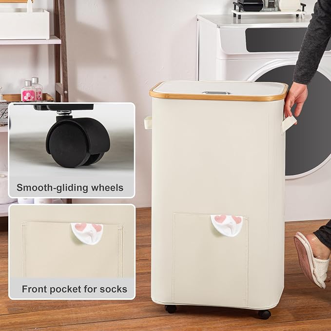 Vincona Laundry Basket with Wheels, Tall Dirty Clothes Hamper on Wheels, Rolling Laundry Hamper with lid for Dorm, Bedroom and Bathroom (Beige, 100L) - Image 4