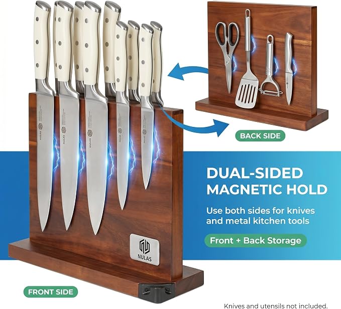Magnetic Knife Block with Built-in Sharpener, Double-Sided Countertop Magnetic Knife Holder, Holds Up to 12 Knives & Metal Kitchen Tools, Brown - Image 4