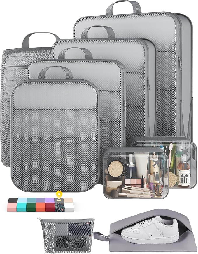 Veken 9/11 Set Compression Packing Cubes Garment Bags for Travel Essentials,Compressible Expandable Luggage Organizer Bags for Clothing,Space Saver Bags with Over 1000 pcs of Mesh Holes(Gray) by Veken