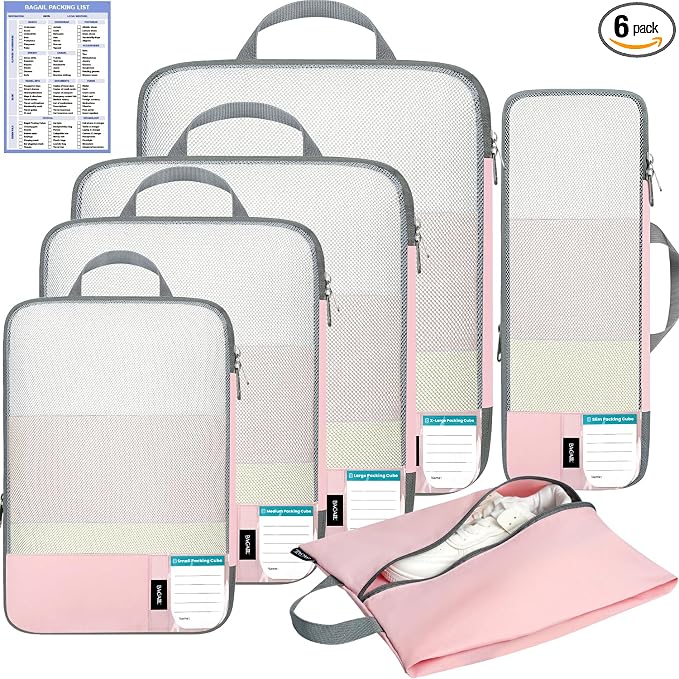 BAGAIL Lightweight Compression Packing Cubes for Travel, 6 Set, Pink | Salis Nylon Fabric,Anti-Tearing,Save Space,SBS Zippers,Packing List,PVC Tag Pocket,Custom Labels,Visible Mesh,Portable Handel by BAGAIL