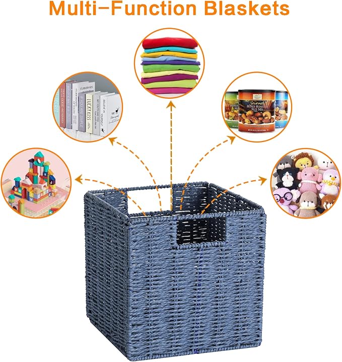 Wicker Basket, Set of 2 Hand-Woven Paper Rope Storage Baskets for Organizing, Foldable Cubby Storage Bins, 9 Inch Small Wicker Storage Basket, Square Baskets Cube Storage Organizer Bins, Blue - Image 7