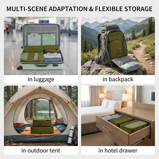 4 Piece Compression Packing Cubes for 3–7 Day Travel, Space Saving Travel Organizers with Breathable Mesh, Double-Zipper Packing Cubes for Carry-On & Suitcases (Green) - Image 5