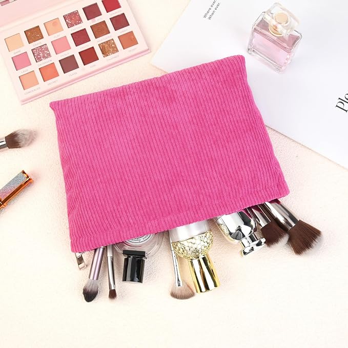 SOIDRAM 2 Pcs Corduroy Makeup Bag Large Cosmetic Bag Toiletry Bag Makeup Pouch Travel Bag Organizer Cute Makeup Brushes Aesthetic Accessories Storage Bag for Women Rose Red - Image 5