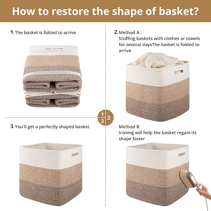 OIAHOMY 13 Inch Cube Storage Bins, 3-Pack Cotton Rope Woven Baskets for Organizing, Insert Storage Baskets for Shelves, Baby Nursery, Closet Organizer, 13 * 13 * 12.6IN, Gradient Brown - Image 7