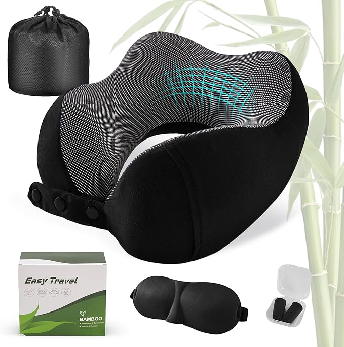 Cirorld Neck Pillow for Traveling, Travel Pillows for Airplanes,100% Pure Memory Foam Travel Neck Pillow, Adjustable Flight Pillow, Portable Plane Accessories with Eye Mask, Earplugs, Carry Bag by CIRORLD