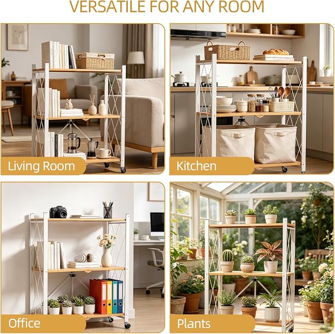 3-Tier Folding Storage Shelves with Wheels – No Assembly, Heavy Duty Collapsible Rolling Shelf Unit for Kitchen, Bedroom, Living Room - Image 7