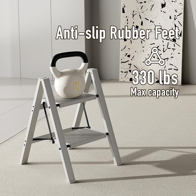 Mayi Plus 2 Step Stool Foldable, Aluminum, Lightweight Step Ladder | Extra-wide anti-slip folding steps with 330 lbs, for home,kitchen,office,outdoor,Grey - Image 4