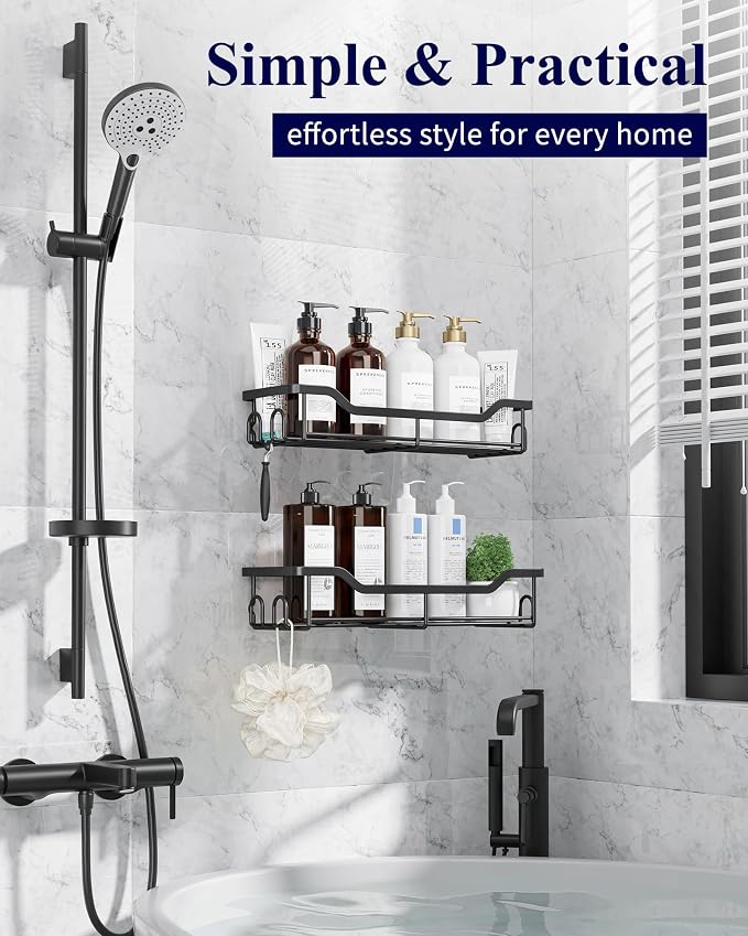 Kitsure Shower Caddy, Adhesive Shower Organizer, Large, Black | Stainless Steel Shelf for Inside Shower, No Drill Bathroom Organizers and Storage, Home Decor Accessories - Image 3