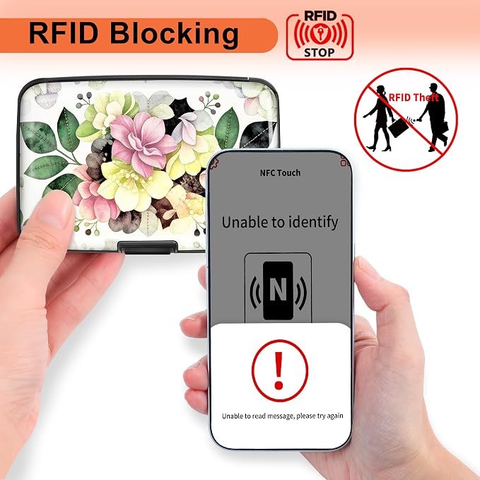 2 Pack Credit Card Holder for Women RFID Blocking Wallet, Artistic Flower | Card Wallets for Women Small Mini Business Metal Accordion Aluminum Alloy Hard Case for Men - Image 2