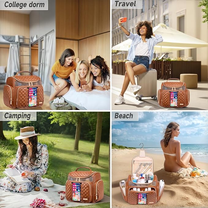 Large Leather Toiletry Bag for Women Men,Bathroom Bag,Water Resistant Shower Bag,Makeup Bag,Portable Shower Caddy for College Dorm,Hanging Travel Toiletry Bag with Transparent Waterproof Phone Pocket - Image 7