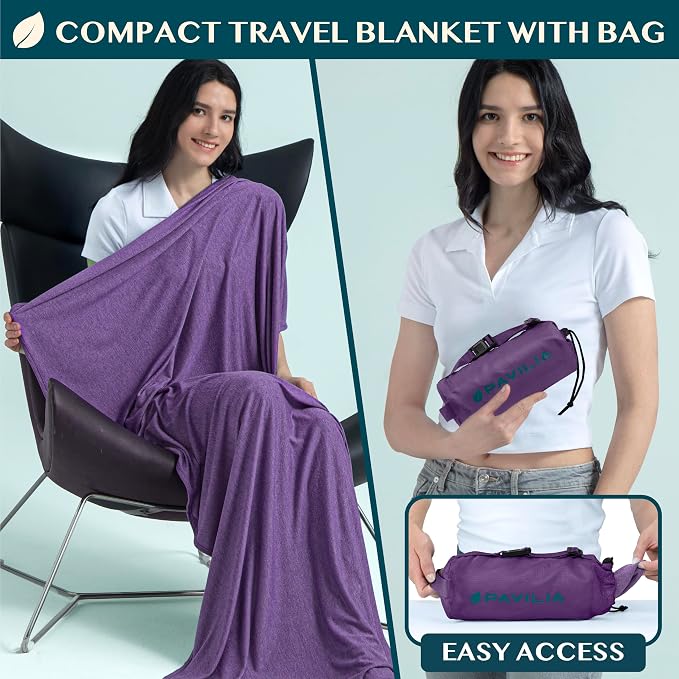 PAVILIA Travel Blanket Airplane Compact with Bag Lightweight, Purple | Soft Fleece Plane Long Flights, Camping Road Trips, Packable Traveler Gift Essentials with Luggage Backpack Strap, 65x40 - Image 2