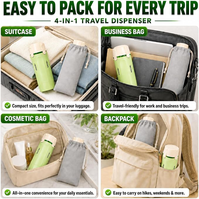 4 in 1 Travel Dispenser, Leak-Proof Travel Bottles with Storage Bag, 4 Refillable 30ml (1oz) Travel Containers for Toiletries, Portable Green Set for Shampoo, Body Wash, Lotion - Image 8