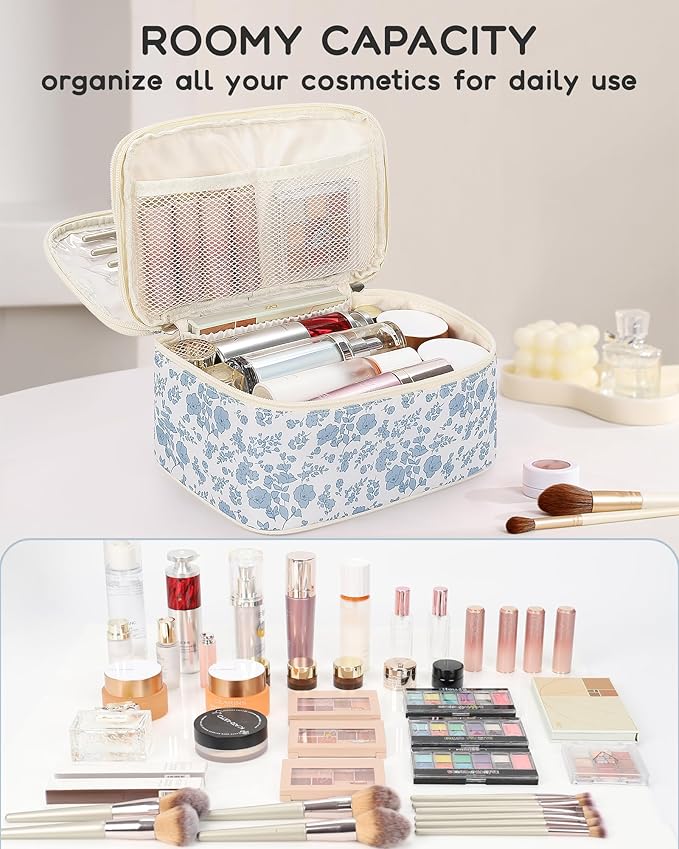 Relavel Travel Makeup Bag, Floral Cosmetic Bag with Brush Compartment | Large Portable Makeup Pouch for Women with Handle, Double Layer Makeup Organizer Toiletry Bag for Travel-size Necessaries - Image 6