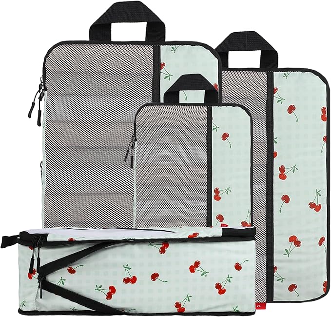 U+U 4 Set Compression Packing Cubes, Travel Organizers (Sage Green Cherry) | Space-Saving & Lightweight Travel by UU