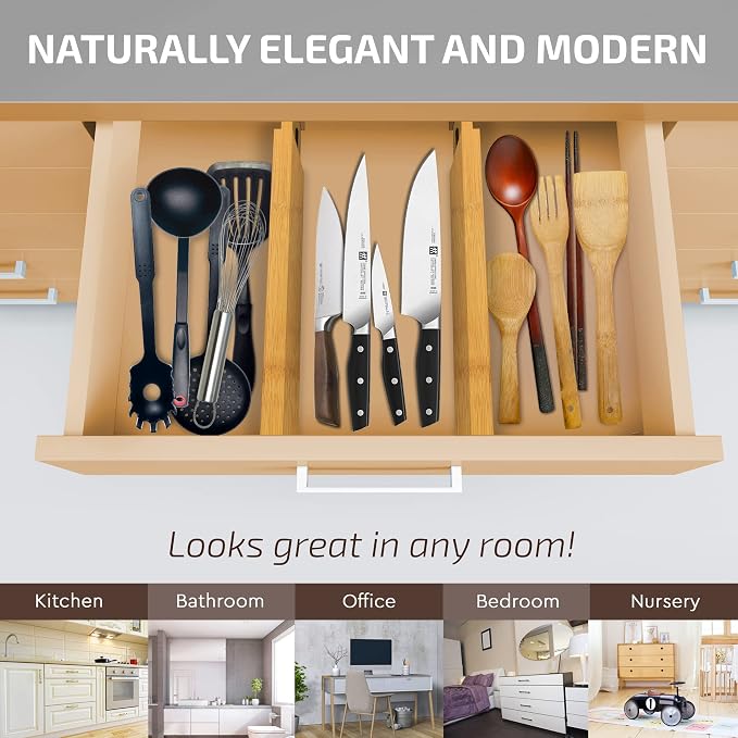 4-Pack Bamboo Drawer Dividers - 2.6 Inches High, Adjustable 12 to 17 Inches Expandable Drawer Organizer Dresser Separator for Clothes, Utensils, Bedroom, Bathroom, Kitchen, Office Storage Organization - Image 3