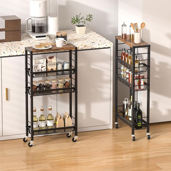 Slim Rolling Cart, 4-Tier Narrow Kitchen Storage Cart, Slim Utility Cart on Wheel, Skinny Bathroom storage cart with Wood Tabletop, 6.0" Deep, For Kitchen, Dining Room, Living Room, Laundry Room - Image 2
