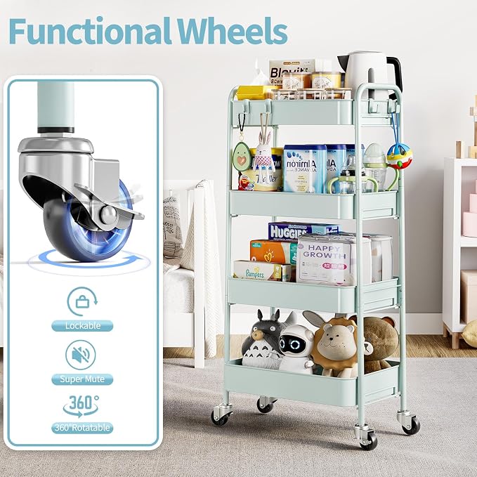 TOOLF 4 Tier Metal Rolling Cart, Utility Storage Cart with Wheels, Green | Screwless Assembly, Lockable Metal Wheels, Trolley Organizer for Bathroom, Kitchen, Office, Dorm, Laundry, Craft Room - Image 3