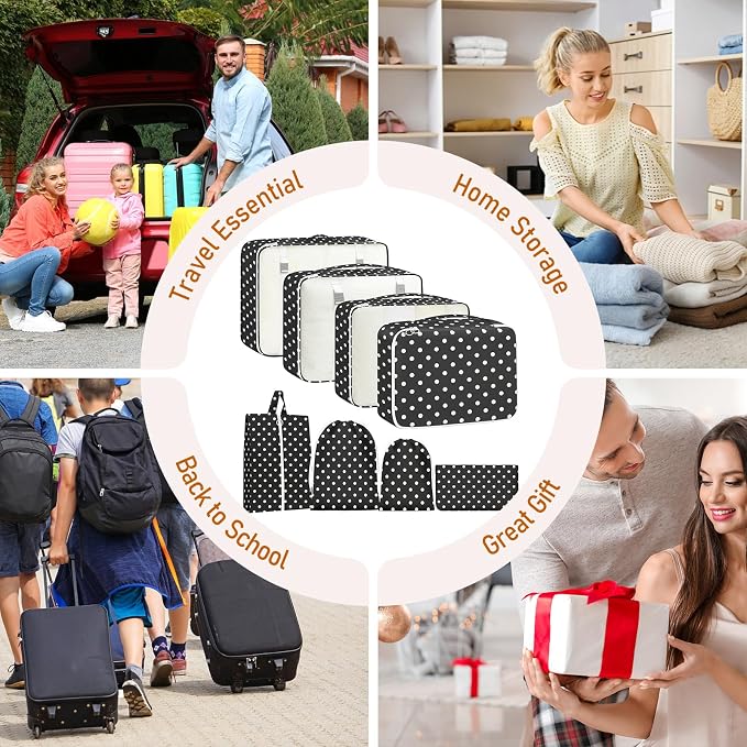 Packing Cubes for Travel - 8 Set Luggage Organizer Bags for Family, Mesh Breathable Packing Cubes for Suitcases Durable Travel Essentials Bags Set (White Polka Dots) - Image 7