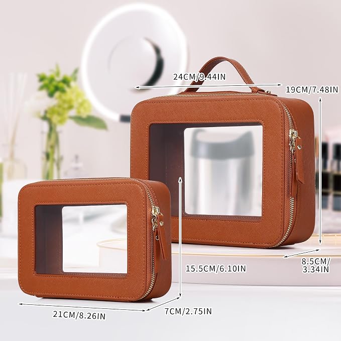 Pinkmik Clear Makeup Bag, (Brown, M+L) | 2PC,Waterproof, Travel Cosmetics and Toiletries Case, Portable Makeup Organizer, Clear Car Bag with Zipper - Image 2