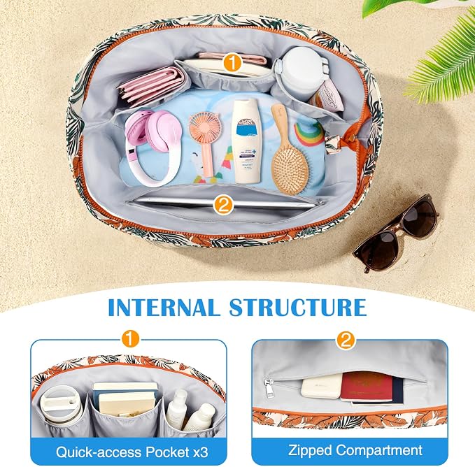 HUANLANG Large Beach Bags for Women Pool Bag with Zipper, Waterproof Sandproof Beach Tote Travel Bag with Wet Pocket - Image 5
